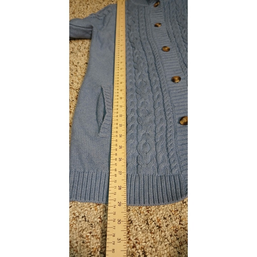 LL Bean Women's Blue Cotton Cable Knit Cardigan Sweater Size Medium Button Front - Picture 3 of 9